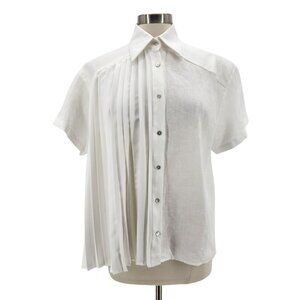Benedita Formosinho Womens M/L Top Linen Mixed Media Collared Pleated White Boho